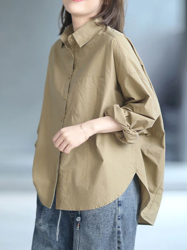 High-Low Long Sleeves Solid Color Lapel Blouses&Shirts Tops - Image 11