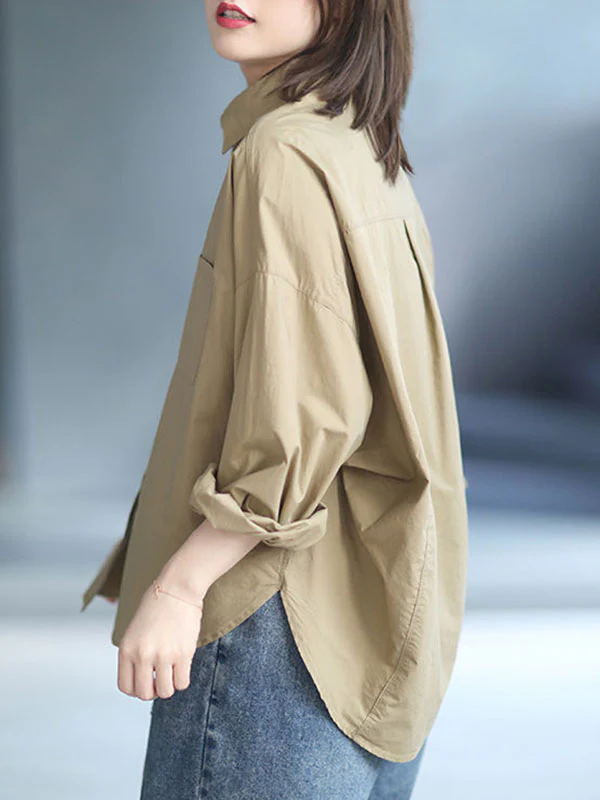 High-Low Long Sleeves Solid Color Lapel Blouses&Shirts Tops - Image 12