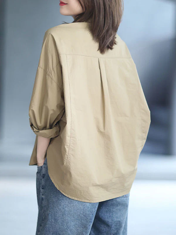 High-Low Long Sleeves Solid Color Lapel Blouses&Shirts Tops - Image 13