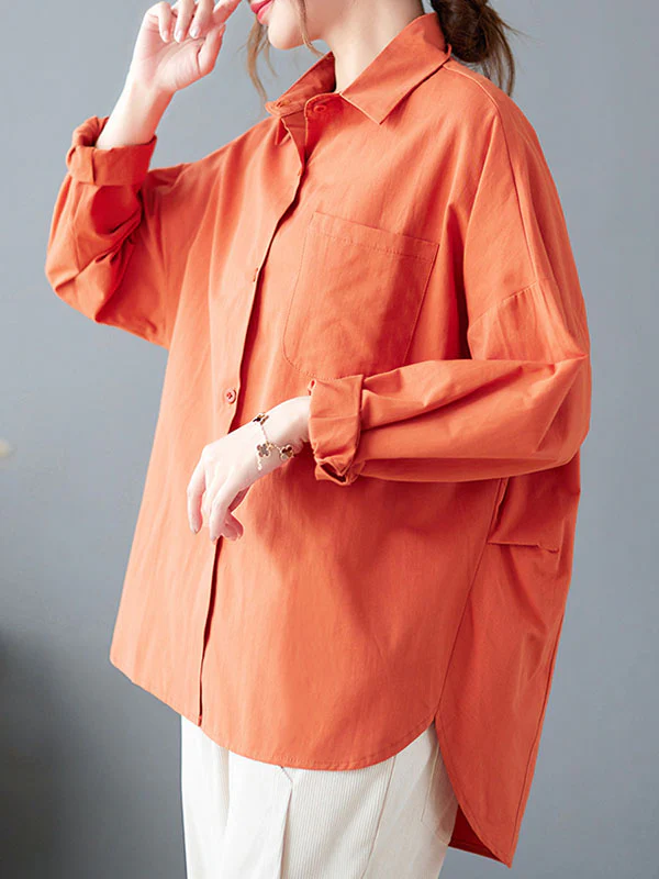 High-Low Long Sleeves Solid Color Lapel Blouses&Shirts Tops - Image 15