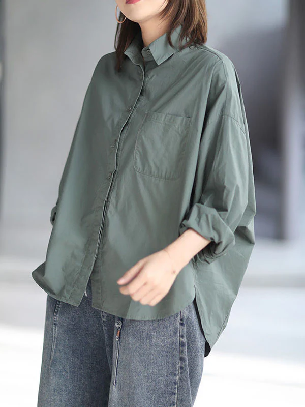 High-Low Long Sleeves Solid Color Lapel Blouses&Shirts Tops - Image 3