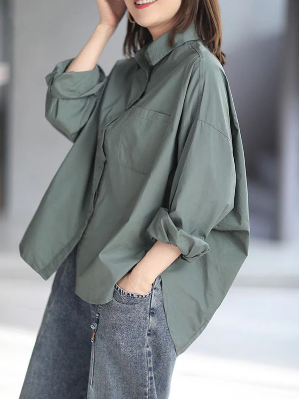 High-Low Long Sleeves Solid Color Lapel Blouses&Shirts Tops - Image 4