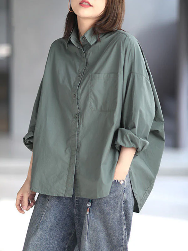 High-Low Long Sleeves Solid Color Lapel Blouses&Shirts Tops - Image 5
