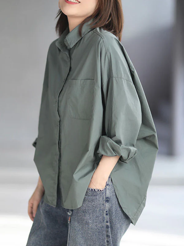 High-Low Long Sleeves Solid Color Lapel Blouses&Shirts Tops - Image 6