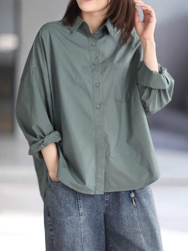 High-Low Long Sleeves Solid Color Lapel Blouses&Shirts Tops - Image 7