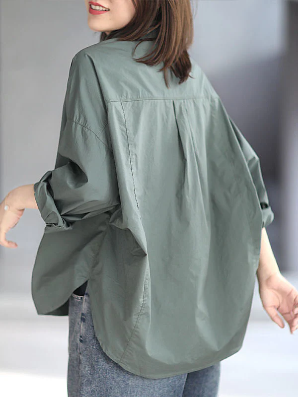 High-Low Long Sleeves Solid Color Lapel Blouses&Shirts Tops - Image 8