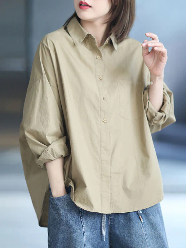 High-Low Long Sleeves Solid Color Lapel Blouses&Shirts Tops - Image 9