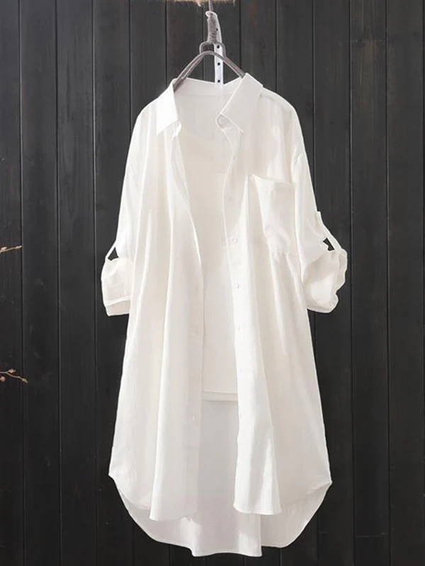High-Low Long Sleeves Solid Color Lapel Shirts Tops - Image 2