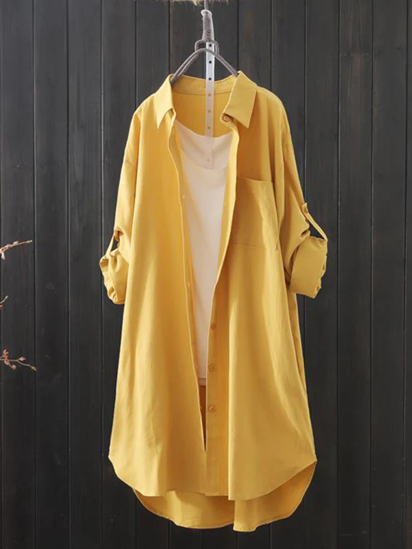 High-Low Long Sleeves Solid Color Lapel Shirts Tops - Image 3