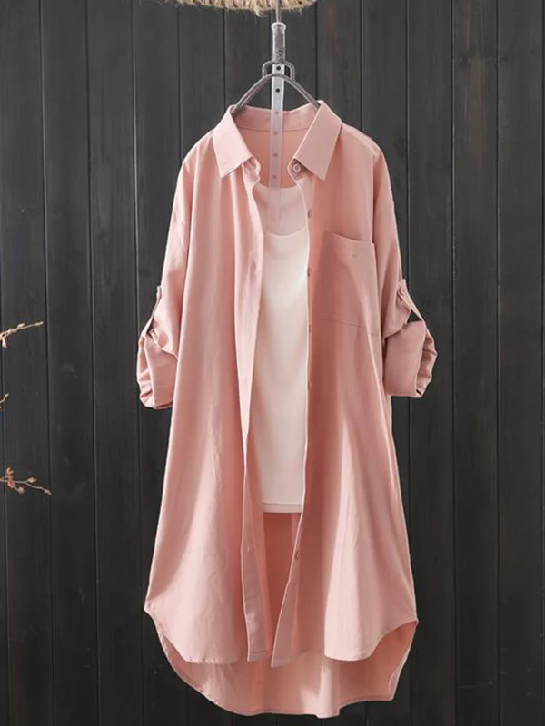 High-Low Long Sleeves Solid Color Lapel Shirts Tops - Image 4