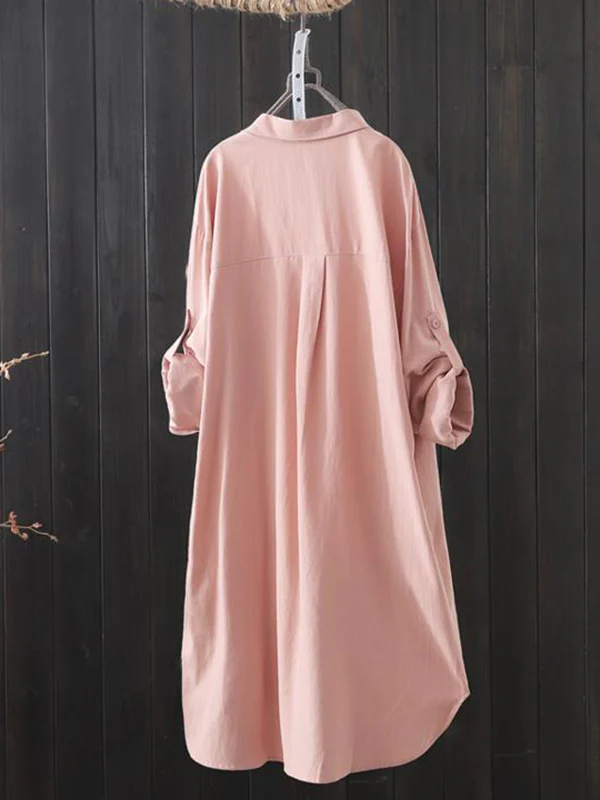 High-Low Long Sleeves Solid Color Lapel Shirts Tops - Image 5
