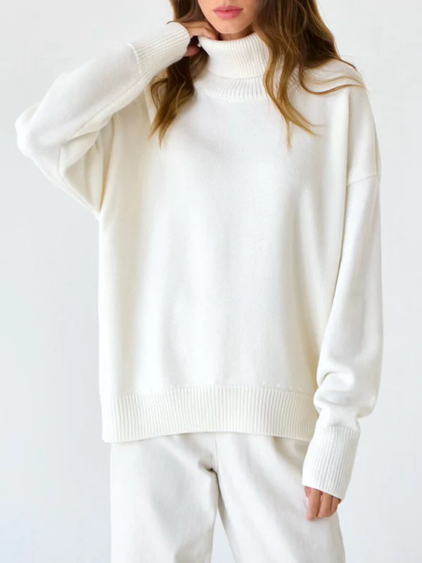 High-Low Long Sleeves Solid Color Split-Joint High Neck Sweater Tops - Image 10