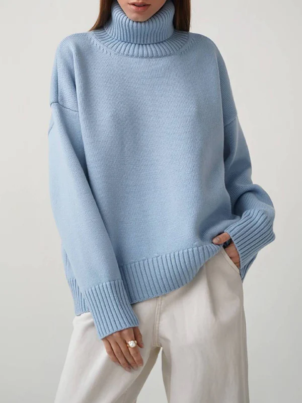 High-Low Long Sleeves Solid Color Split-Joint High Neck Sweater Tops - Image 11