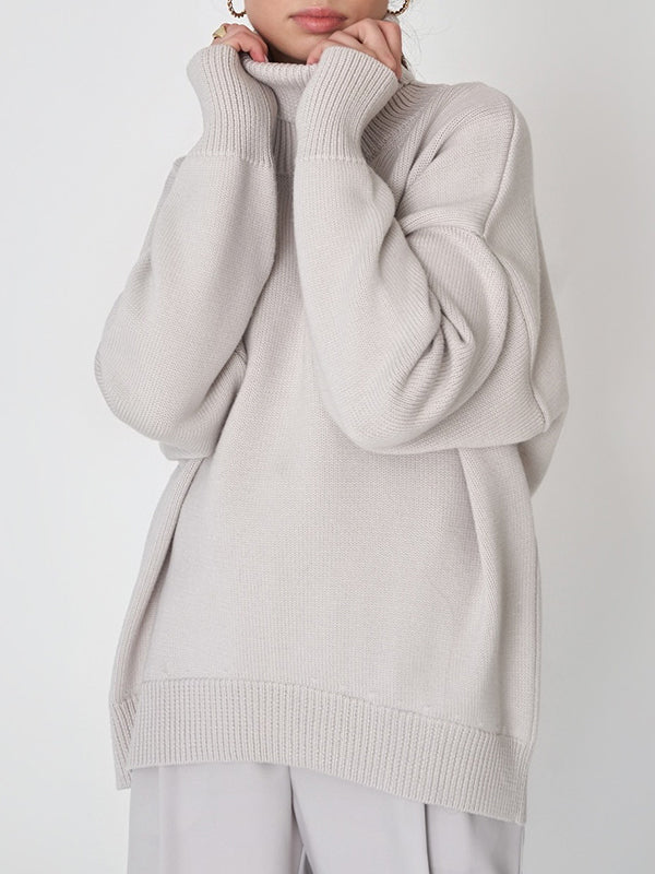 High-Low Long Sleeves Solid Color Split-Joint High Neck Sweater Tops - Image 12
