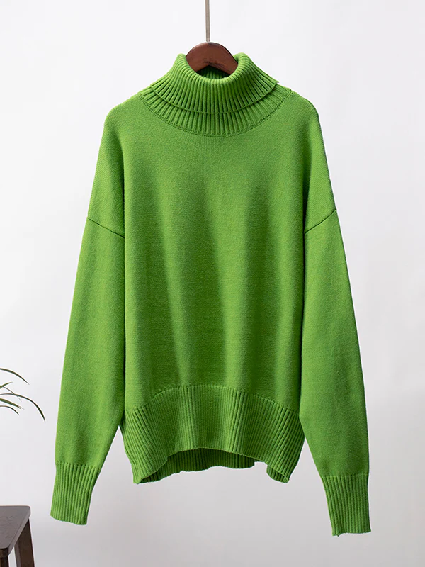High-Low Long Sleeves Solid Color Split-Joint High Neck Sweater Tops - Image 14