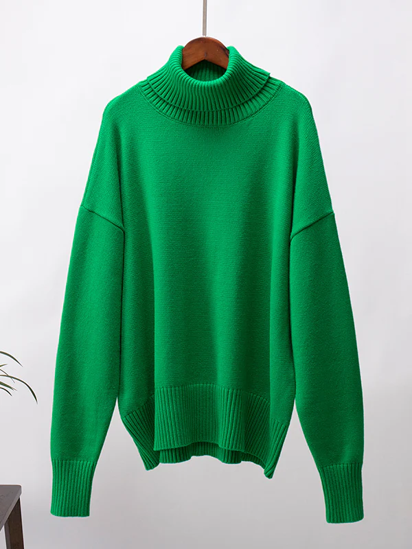 High-Low Long Sleeves Solid Color Split-Joint High Neck Sweater Tops - Image 15