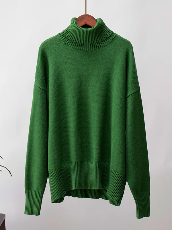 High-Low Long Sleeves Solid Color Split-Joint High Neck Sweater Tops - Image 16