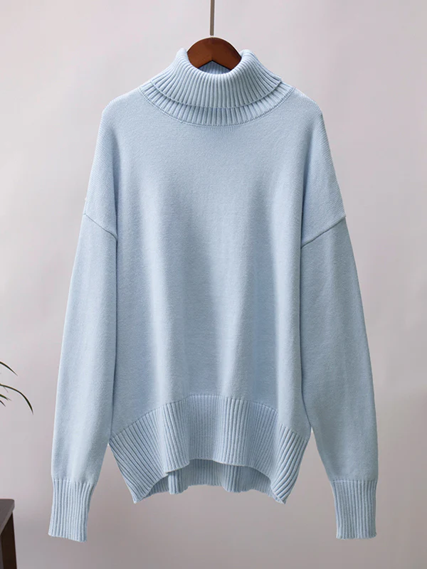 High-Low Long Sleeves Solid Color Split-Joint High Neck Sweater Tops - Image 17
