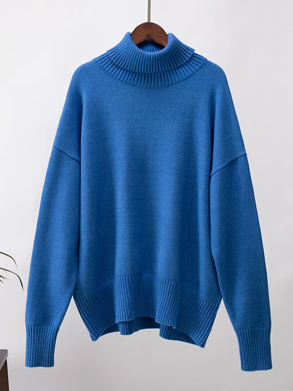 High-Low Long Sleeves Solid Color Split-Joint High Neck Sweater Tops - Image 18