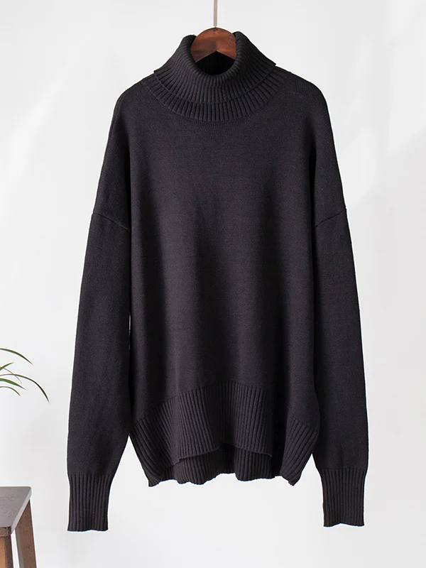 High-Low Long Sleeves Solid Color Split-Joint High Neck Sweater Tops - Image 19