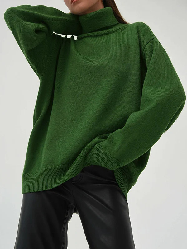 High-Low Long Sleeves Solid Color Split-Joint High Neck Sweater Tops - Image 2