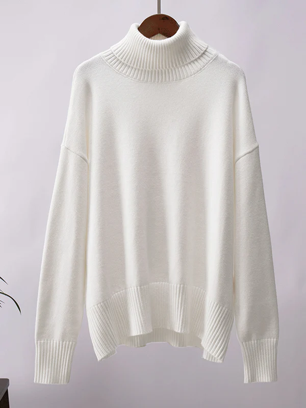 High-Low Long Sleeves Solid Color Split-Joint High Neck Sweater Tops - Image 20