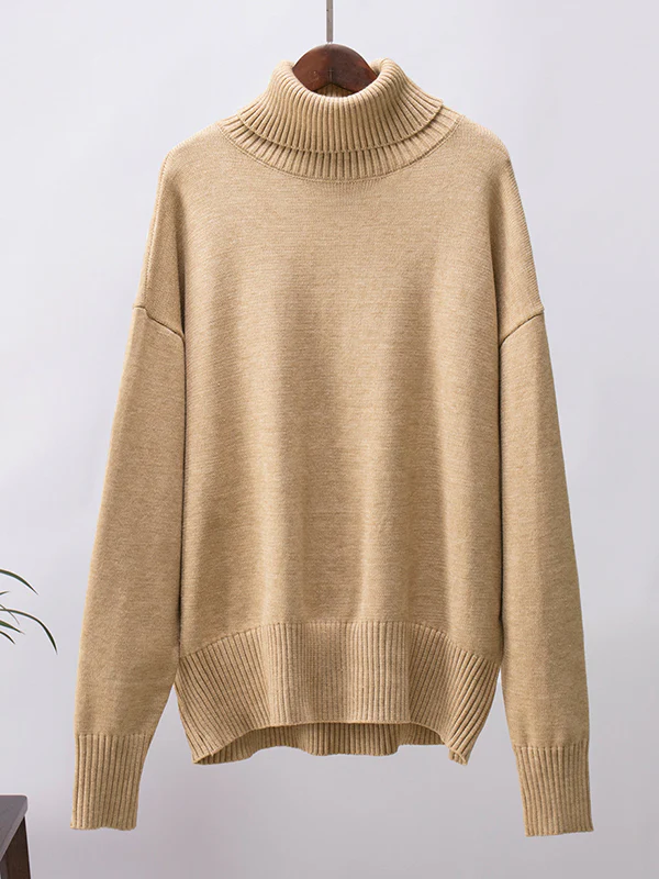 High-Low Long Sleeves Solid Color Split-Joint High Neck Sweater Tops - Image 21