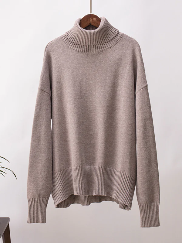 High-Low Long Sleeves Solid Color Split-Joint High Neck Sweater Tops - Image 22