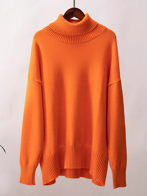 High-Low Long Sleeves Solid Color Split-Joint High Neck Sweater Tops - Image 23