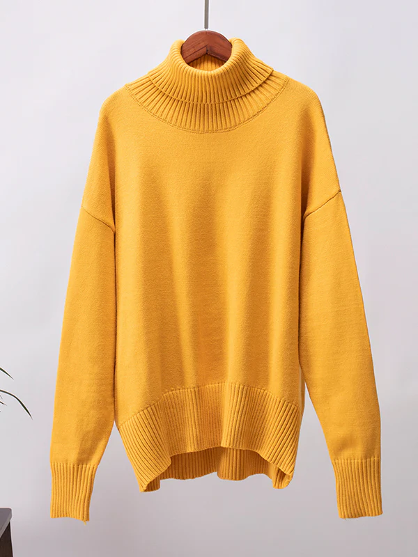 High-Low Long Sleeves Solid Color Split-Joint High Neck Sweater Tops - Image 24