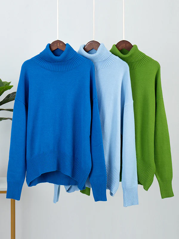 High-Low Long Sleeves Solid Color Split-Joint High Neck Sweater Tops - Image 25