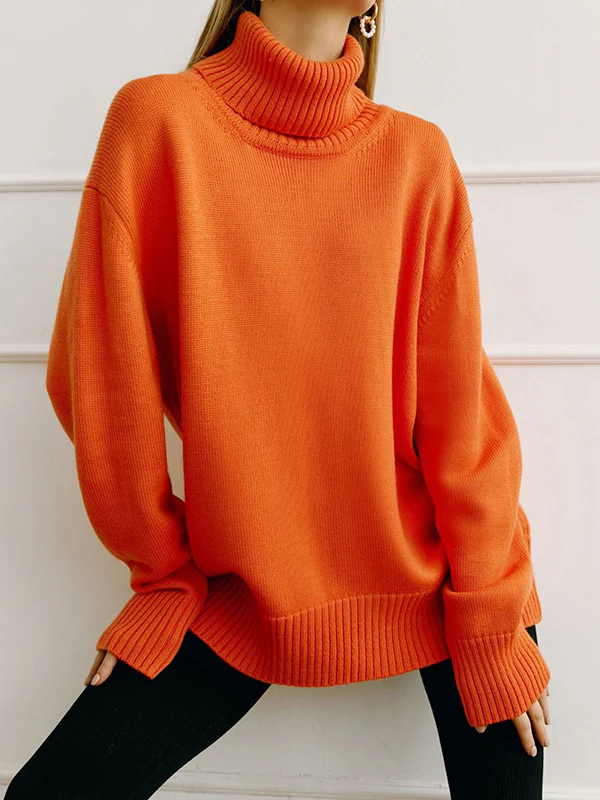 High-Low Long Sleeves Solid Color Split-Joint High Neck Sweater Tops - Image 3