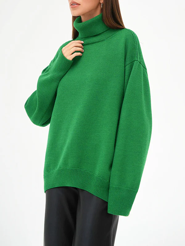 High-Low Long Sleeves Solid Color Split-Joint High Neck Sweater Tops - Image 4