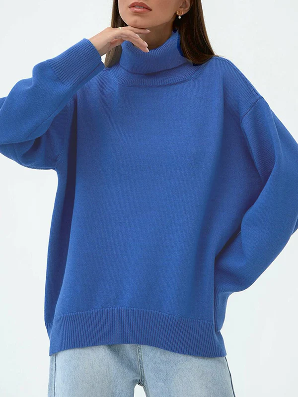 High-Low Long Sleeves Solid Color Split-Joint High Neck Sweater Tops - Image 5