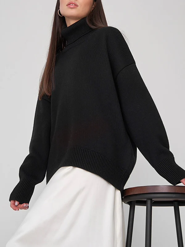 High-Low Long Sleeves Solid Color Split-Joint High Neck Sweater Tops - Image 7