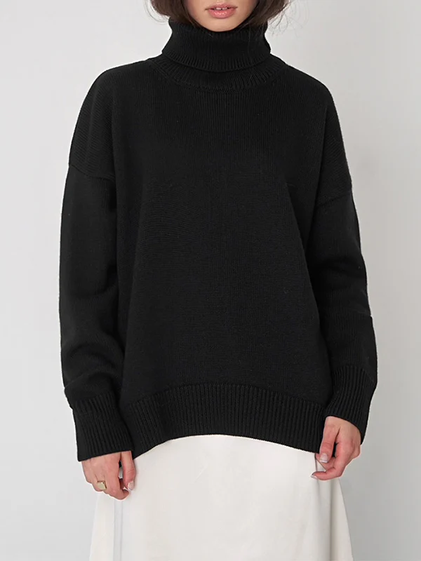 High-Low Long Sleeves Solid Color Split-Joint High Neck Sweater Tops - Image 8