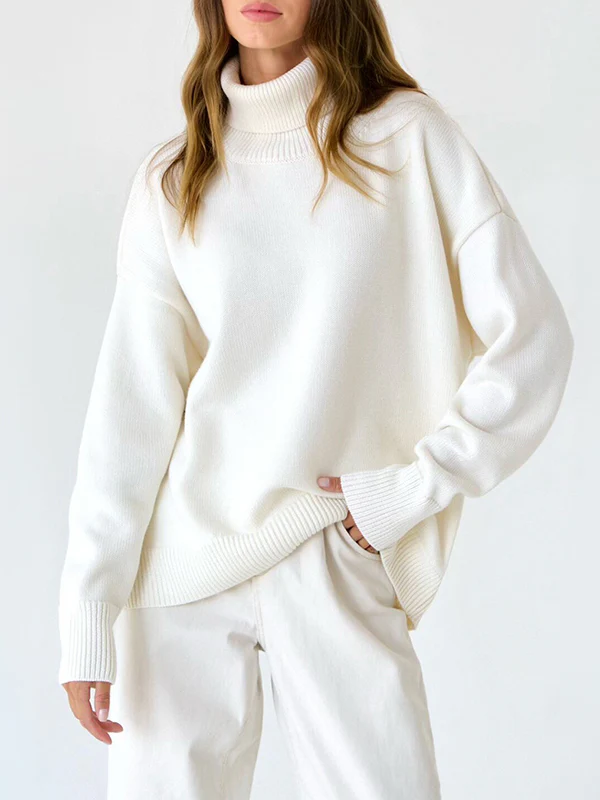 High-Low Long Sleeves Solid Color Split-Joint High Neck Sweater Tops - Image 9