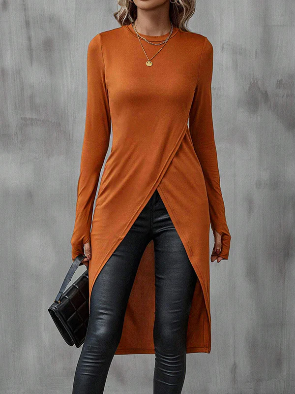 High-Low Long Sleeves Solid Color Split-Joint Round-Neck T-Shirts Tops - Image 2
