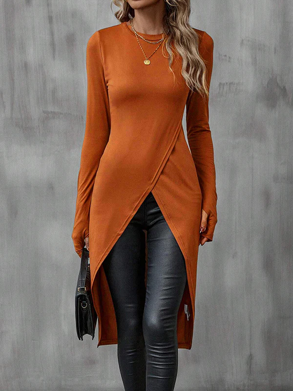 High-Low Long Sleeves Solid Color Split-Joint Round-Neck T-Shirts Tops - Image 4