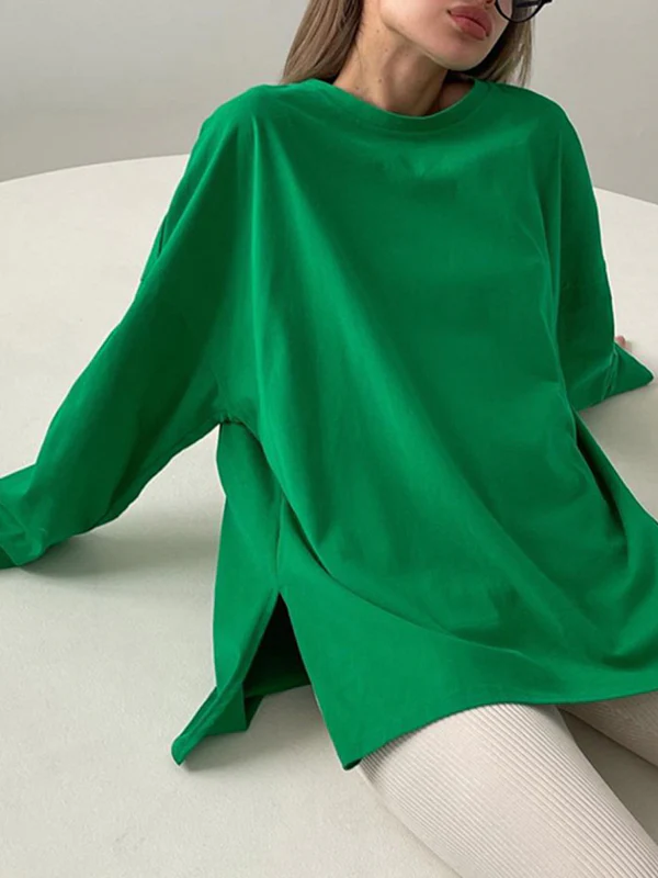 High-Low Long Sleeves Solid Color Split-Joint Split-Side Round-Neck T-Shirts - Image 2