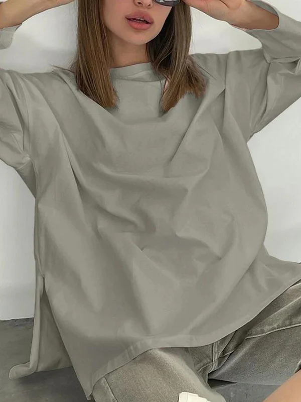 High-Low Long Sleeves Solid Color Split-Joint Split-Side Round-Neck T-Shirts - Image 3