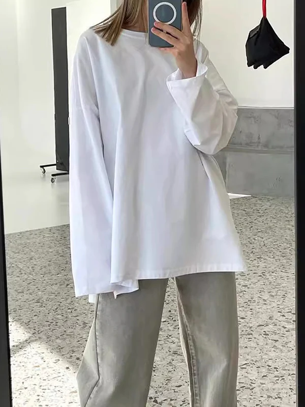 High-Low Long Sleeves Solid Color Split-Joint Split-Side Round-Neck T-Shirts - Image 4