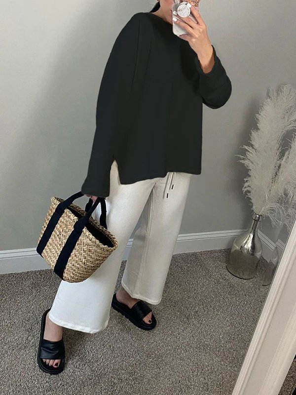 High-Low Long Sleeves Solid Color Split-Joint Split-Side Round-Neck T-Shirts - Image 5