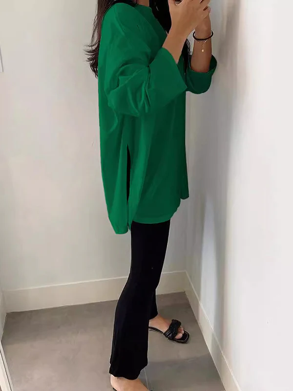 High-Low Long Sleeves Solid Color Split-Joint Split-Side Round-Neck T-Shirts - Image 6