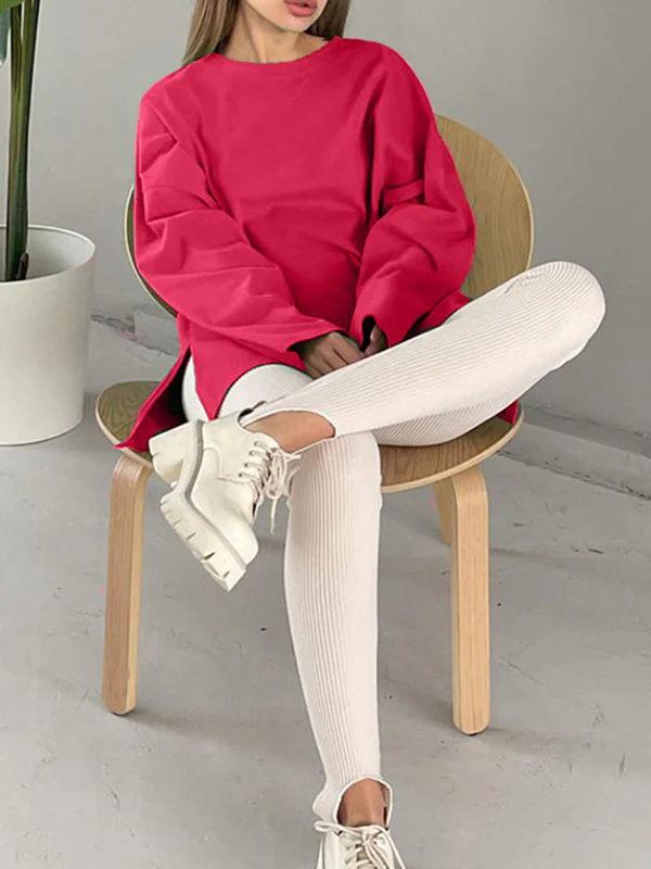 High-Low Long Sleeves Solid Color Split-Joint Split-Side Round-Neck T-Shirts - Image 7