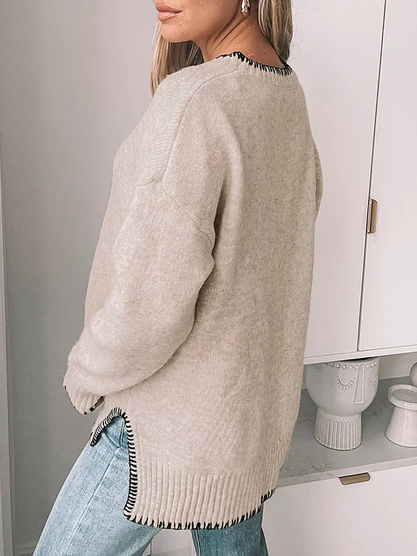 High-Low Long Sleeves Split-Joint Split-Side Round-Neck Pullovers Sweater Tops - Image 10