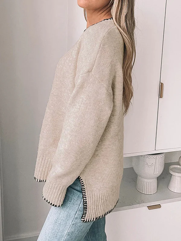 High-Low Long Sleeves Split-Joint Split-Side Round-Neck Pullovers Sweater Tops - Image 11