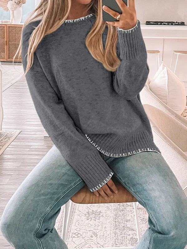 High-Low Long Sleeves Split-Joint Split-Side Round-Neck Pullovers Sweater Tops - Image 4