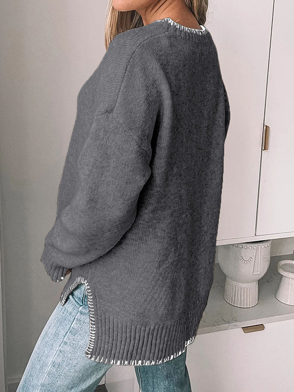 High-Low Long Sleeves Split-Joint Split-Side Round-Neck Pullovers Sweater Tops - Image 5