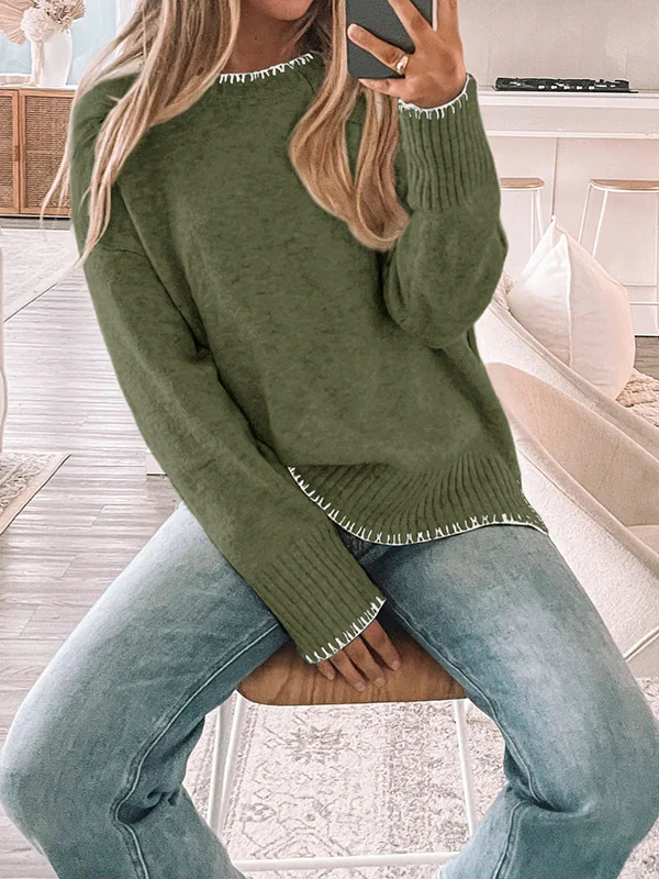 High-Low Long Sleeves Split-Joint Split-Side Round-Neck Pullovers Sweater Tops - Image 6